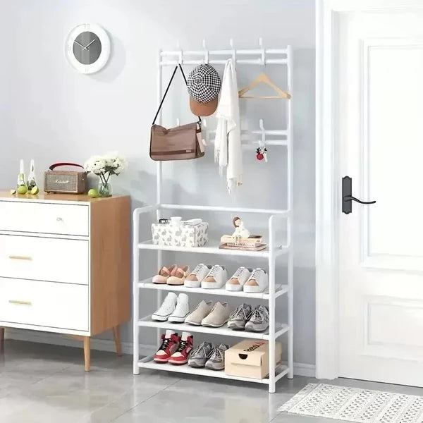Cuier STARTOP , cu Pantofar Metalic – Structură 2 în 1, 5 Rafturi pentru Încălțăminte, Suport Haine cu Agățători și Poliță Superioară, Design Modern și Compact, Culoare Albă – Ideal pentru Hol sau Dressing