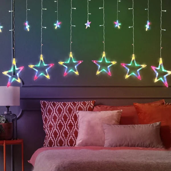 Instalatie , cu 12 Stele Luminoase, 90 LED-uri, 3m, Interconectabila, Lumina Multicolora