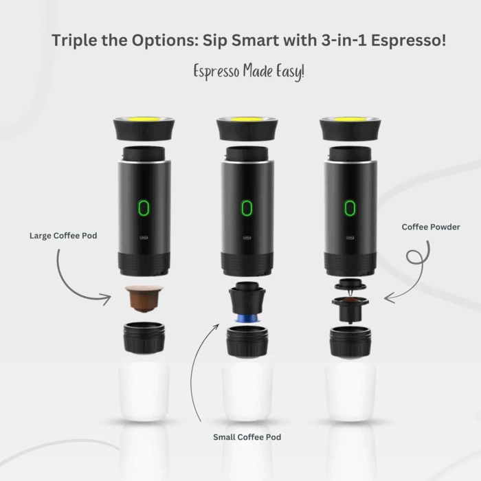 Espressor Electric Portabil, Aparat de Cafea cu Baterie, Compatibil Cafea Măcinată și Capsule Nespresso, Nescafé, Dolce Gusto, Încălzire Apă sau Cafea Rece, 72W, 2500 mAh, Încărcare USB-C
