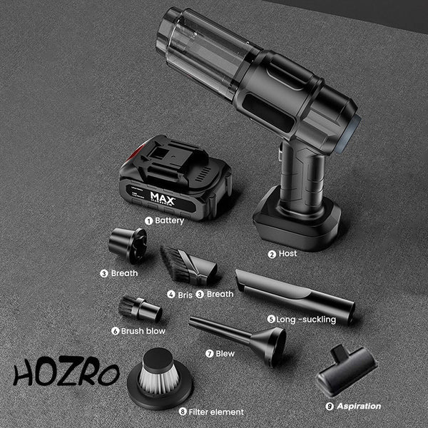 Aspirator Auto 6 in 1 Fara Fir STARTOP pentru Casa, Masina, Calculator, Birou, Putere 100W, Eficienta Mare, Functii de Aspirare, Suflare, Vidare, Filtru HEPA, Perie Detailing, Negru