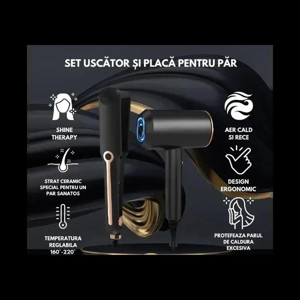 Set uscator si placa STARTOP , pentru par, cu reglare a temperaturii, sistem ce nu permite supraincalzirea, model Shine Therapy