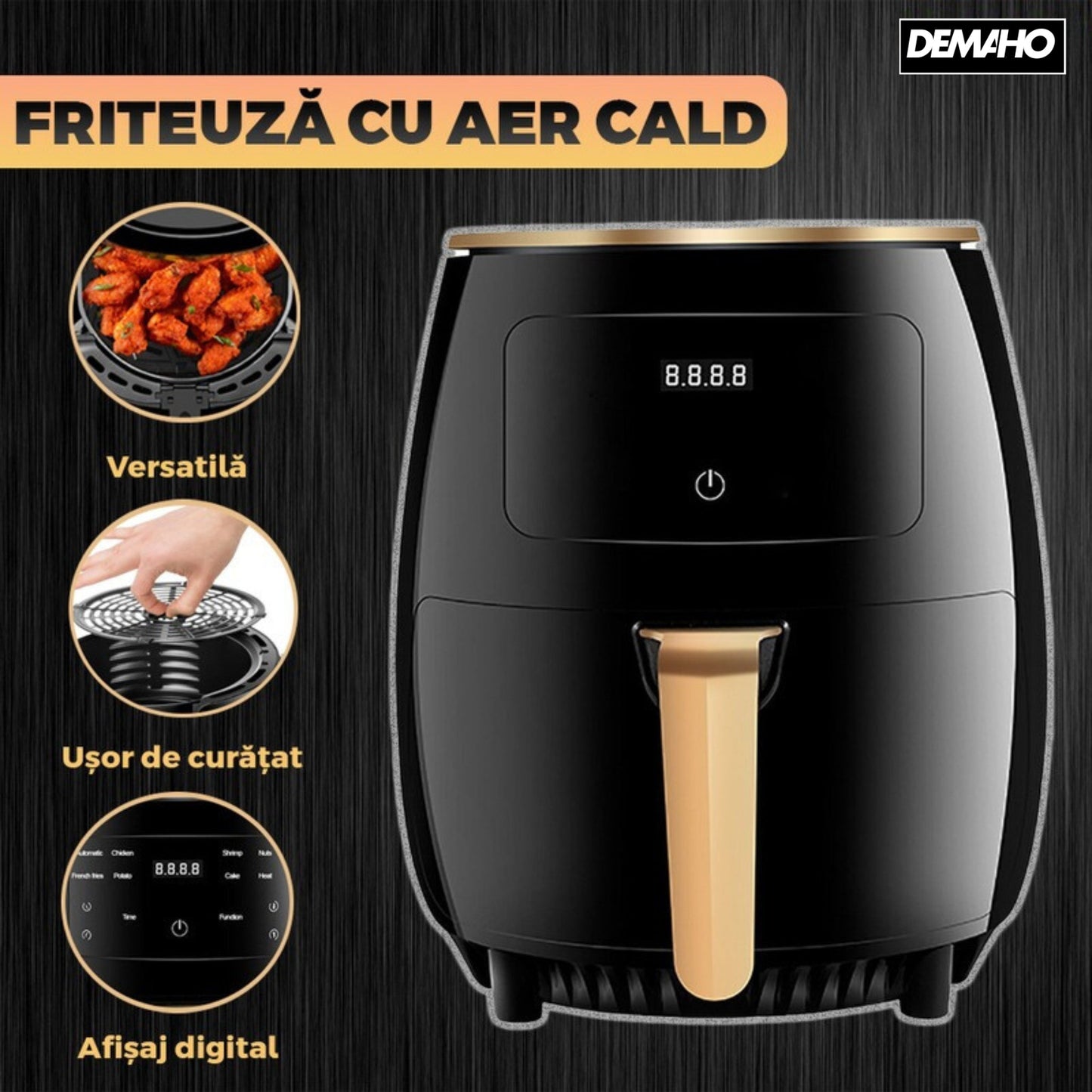 Friteuză cu Aer Cald 6L Fără Ulei, Air Fryer Digital, Programe Automate, Tehnologie Eliminare Grăsime