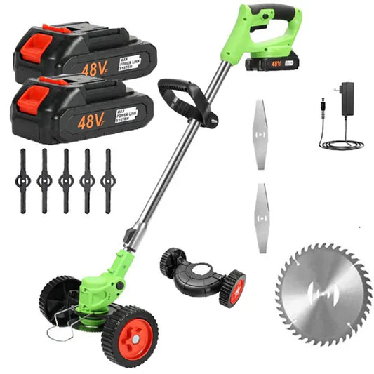 Motocoasa Electrica STARTOP , 1500W cu 2 Acumulatori 48V, Roti Detasabile si 3 Unghiuri de Taiere – Accesorii Incluse, Design Rezistent din ABS si Metal, Verde