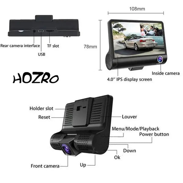 Camera Auto HOZRO, Tri-Zone Fata, Spate, Interior, 4", Full HD, camera marsarier, Ecran LED, Negru