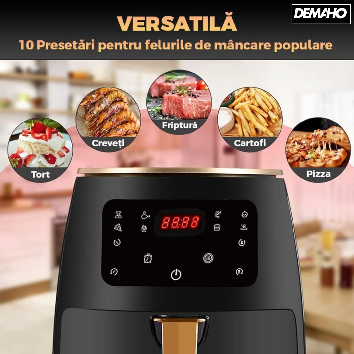 Friteuză cu Aer Cald 6L Fără Ulei, Air Fryer Digital, Programe Automate, Tehnologie Eliminare Grăsime