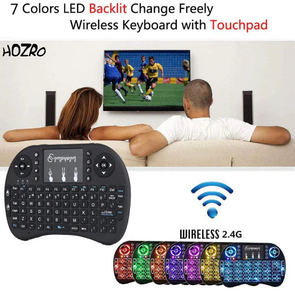 Mini Tastatură Wireless HOZRO, i8 Air – Iluminată, cu Touchpad, Compatibilă cu Android, Windows, Smart TV, TV Box, Mini PC, Laptop, Tabletă – Negru