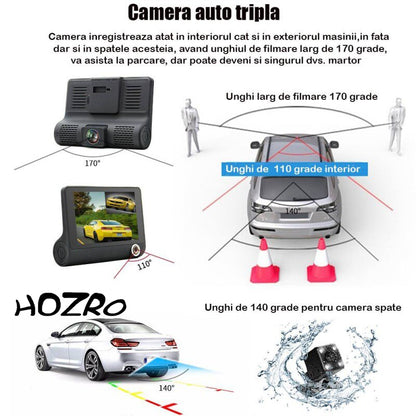 Camera Auto HOZRO, Tri-Zone Fata, Spate, Interior, 4", Full HD, camera marsarier, Ecran LED, Negru