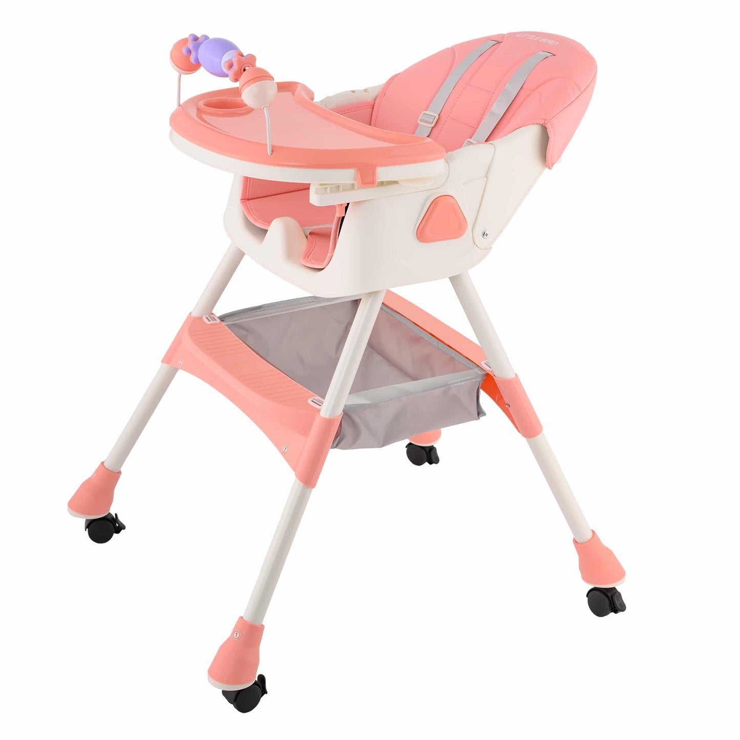 Scaun de masa bebe 4 in 1 , Varsta 6-72 luni, Scaun inalt pliabil, cu 4 roti, Balansoar, 2 x Tava detasabila, Centura de siguranta in cinci puncte, Roz