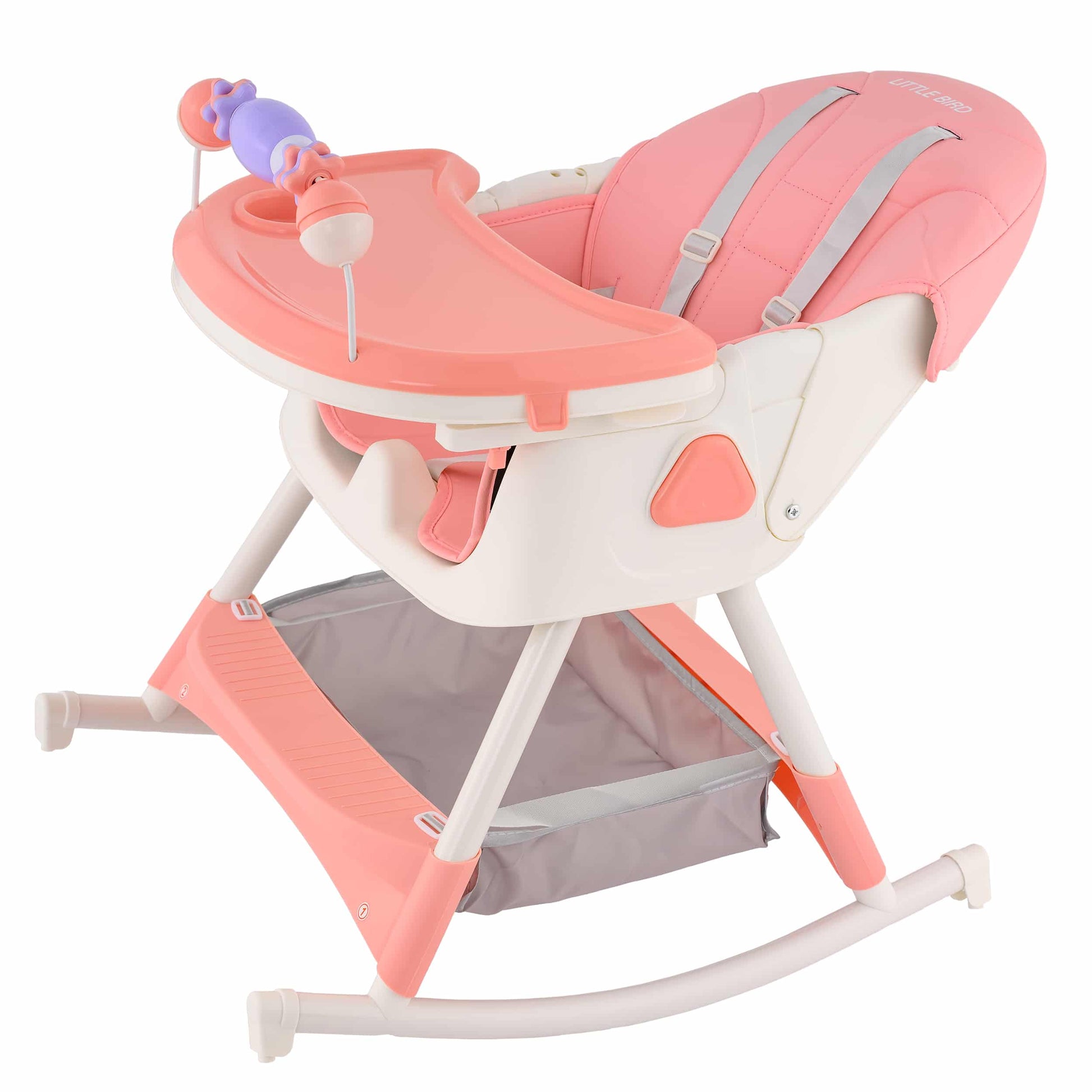 Scaun de masa bebe 4 in 1 , Varsta 6-72 luni, Scaun inalt pliabil, cu 4 roti, Balansoar, 2 x Tava detasabila, Centura de siguranta in cinci puncte, Roz - imagine 3