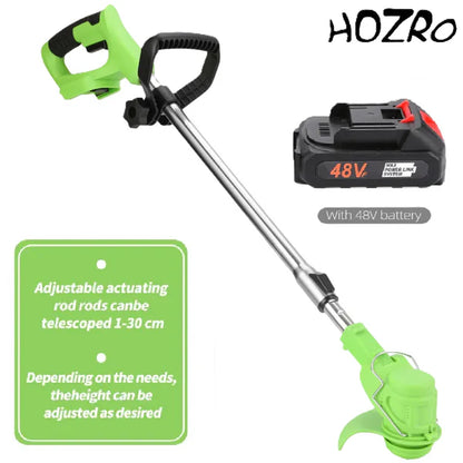 Motocoasa Electrica HOZRO, 1500W cu 2 Acumulatori 48V, Roti Detasabile si 3 Unghiuri de Taiere – Accesorii Incluse, Design Rezistent din ABS si Metal, Verde