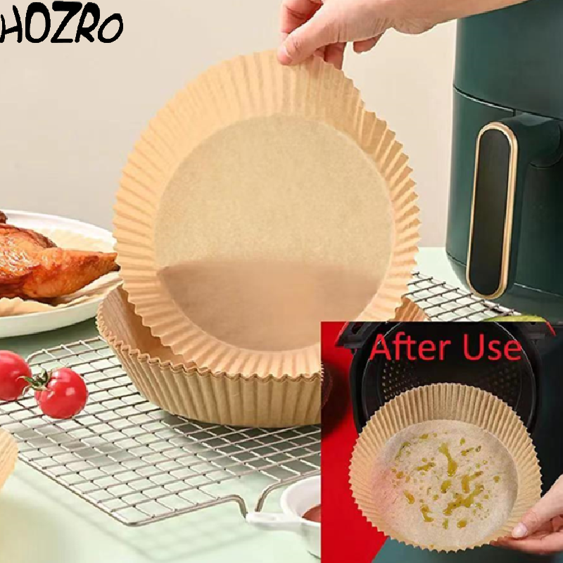 Set 100 Foi de Copt HOZRO, pentru Air Fryer – Hârtie Termorezistentă, Maro, 7,9 inch (20 cm), Rotundă, Antiaderentă și Rezistentă la Grăsime, Ideală pentru Gătit Sănătos fără Murdărie HOZRO