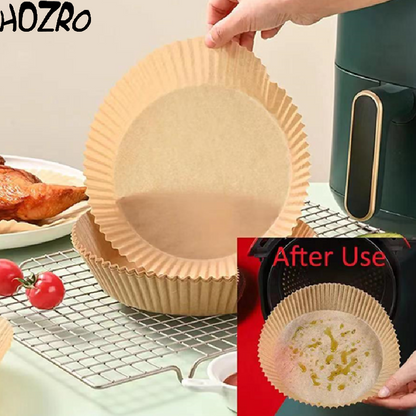 Set 100 Foi de Copt HOZRO, pentru Air Fryer – Hârtie Termorezistentă, Maro, 7,9 inch (20 cm), Rotundă, Antiaderentă și Rezistentă la Grăsime, Ideală pentru Gătit Sănătos fără Murdărie HOZRO