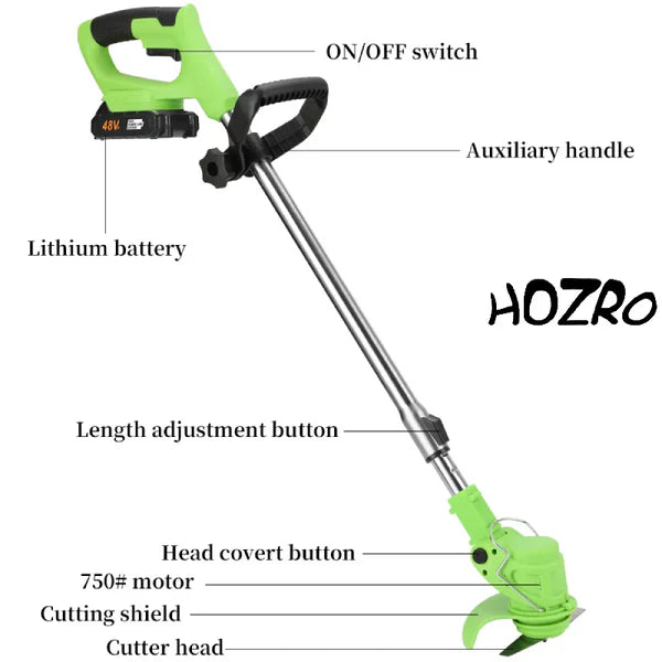 Motocoasa Electrica HOZRO, 1500W cu 2 Acumulatori 48V, Roti Detasabile si 3 Unghiuri de Taiere – Accesorii Incluse, Design Rezistent din ABS si Metal, Verde