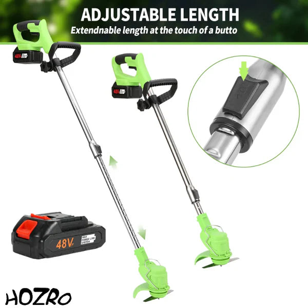Motocoasa Electrica HOZRO, 1500W cu 2 Acumulatori 48V, Roti Detasabile si 3 Unghiuri de Taiere – Accesorii Incluse, Design Rezistent din ABS si Metal, Verde