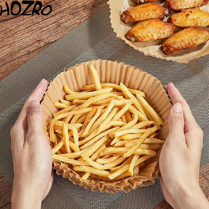 Set 100 Foi de Copt HOZRO, pentru Air Fryer – Hârtie Termorezistentă, Maro, 7,9 inch (20 cm), Rotundă, Antiaderentă și Rezistentă la Grăsime, Ideală pentru Gătit Sănătos fără Murdărie HOZRO