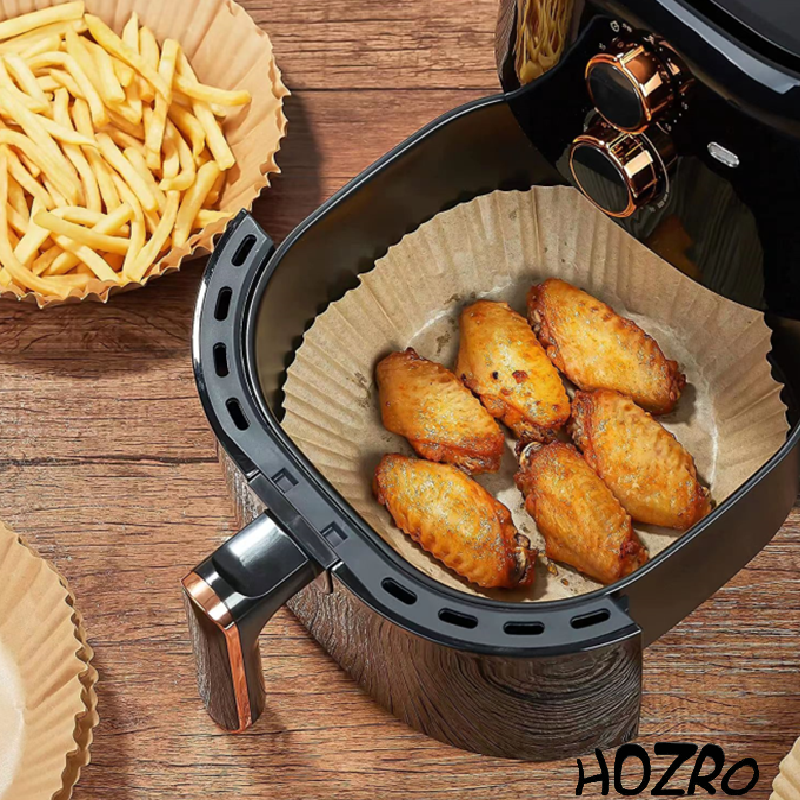 Set 100 Foi de Copt HOZRO, pentru Air Fryer – Hârtie Termorezistentă, Maro, 7,9 inch (20 cm), Rotundă, Antiaderentă și Rezistentă la Grăsime, Ideală pentru Gătit Sănătos fără Murdărie HOZRO