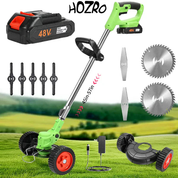 Motocoasa Electrica HOZRO, 1500W cu 2 Acumulatori 48V, Roti Detasabile si 3 Unghiuri de Taiere – Accesorii Incluse, Design Rezistent din ABS si Metal, Verde