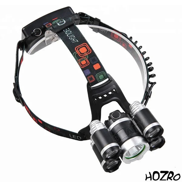 Lanternă de Cap Reîncărcabilă HOZRO, cu 5 LED-uri Puternice, Încărcare 220V și Auto, Culoare Neagră