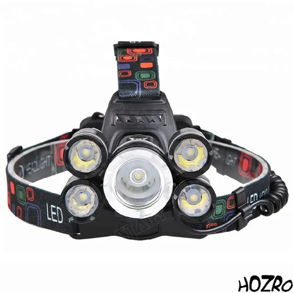 Lanternă de Cap Reîncărcabilă HOZRO, cu 5 LED-uri Puternice, Încărcare 220V și Auto, Culoare Neagră