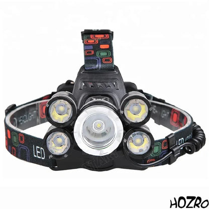 Lanternă de Cap Reîncărcabilă HOZRO, cu 5 LED-uri Puternice, Încărcare 220V și Auto, Culoare Neagră