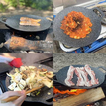 Plită Rotundă Coreeană HOZRO, pentru Grătar, Diametru 32 cm – Tigaie Grill din Fontă cu Canale de Scurgere, Ideală pentru Carne, Legume și BBQ în Stil Asiatic