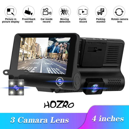 Camera Auto HOZRO, Tri-Zone Fata, Spate, Interior, 4", Full HD, camera marsarier, Ecran LED, Negru