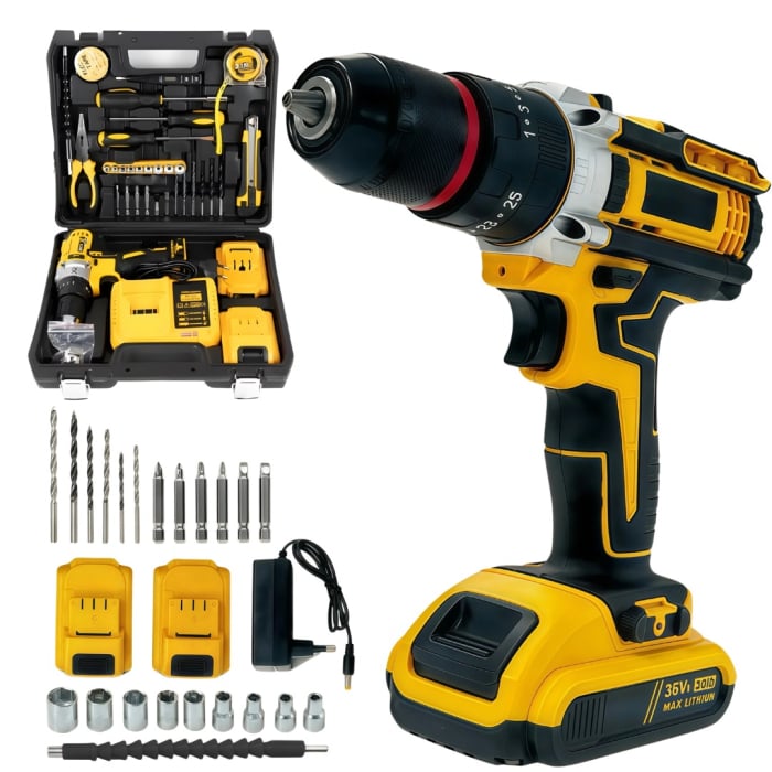 Bormasina de gaurit si insurubat cu acumulator, 7STAR ® cu percutie, autofiletanta, 30 accesorii, 2 acumulatori, 36V 8.0 Ah, 500W, statie incarcare, valiza transport, design modern, Galben/Negru [1]