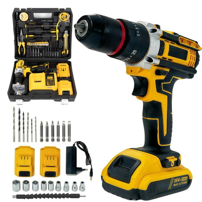 Bormasina de gaurit si insurubat cu acumulator, 7STAR ® cu percutie, autofiletanta, 30 accesorii, 2 acumulatori, 36V 8.0 Ah, 500W, statie incarcare, valiza transport, design modern, Galben/Negru [1]