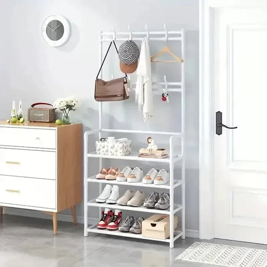 Cuier STARTOP , cu Pantofar Metalic – Structură 2 în 1, 5 Rafturi pentru Încălțăminte, Suport Haine cu Agățători și Poliță Superioară, Design Modern și Compact, Culoare Albă – Ideal pentru Hol sau Dressing