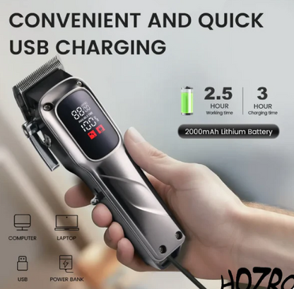 Masina de tuns profesionala HOZRO, cu afisaj digital LED, autonomie ridicata, 2000 mAh, accesorii multiple si lame de precizie pentru o taiere perfecta a parului si a barbii