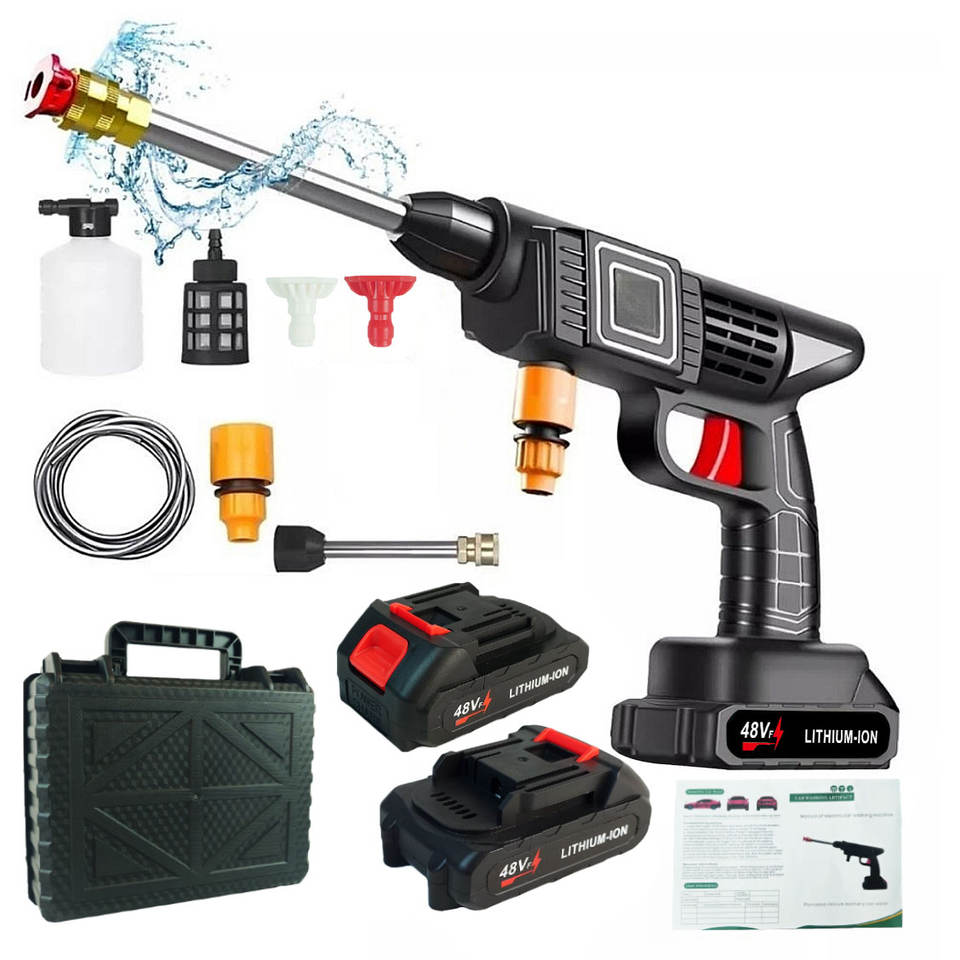 Aparat de Spălat cu Presiune Portabil Fără Fir, 500W, 2 Baterii 48V, 30 Bar, 8L/min – Valiză & Accesorii Incluse