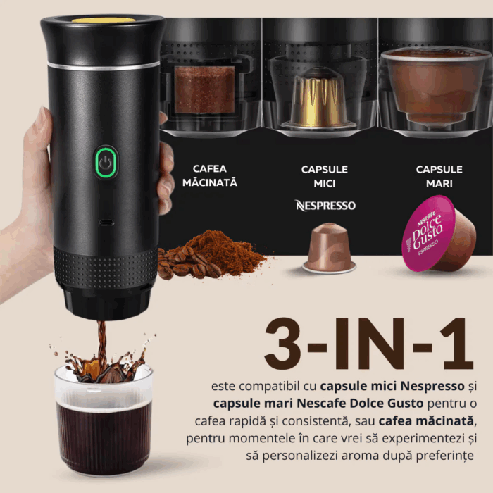 Espressor Electric Portabil, Aparat de Cafea cu Baterie, Compatibil Cafea Măcinată și Capsule Nespresso, Nescafé, Dolce Gusto, Încălzire Apă sau Cafea Rece, 72W, 2500 mAh, Încărcare USB-C