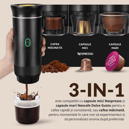 Espressor Electric Portabil, Aparat de Cafea cu Baterie, Compatibil Cafea Măcinată și Capsule Nespresso, Nescafé, Dolce Gusto, Încălzire Apă sau Cafea Rece, 72W, 2500 mAh, Încărcare USB-C