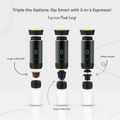 Espressor Electric Portabil, Aparat de Cafea cu Baterie, Compatibil Cafea Măcinată și Capsule Nespresso, Nescafé, Dolce Gusto, Încălzire Apă sau Cafea Rece, 72W, 2500 mAh, Încărcare USB-C