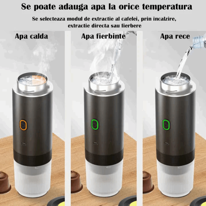 Espressor Electric Portabil, Aparat de Cafea cu Baterie, Compatibil Cafea Măcinată și Capsule Nespresso, Nescafé, Dolce Gusto, Încălzire Apă sau Cafea Rece, 72W, 2500 mAh, Încărcare USB-C