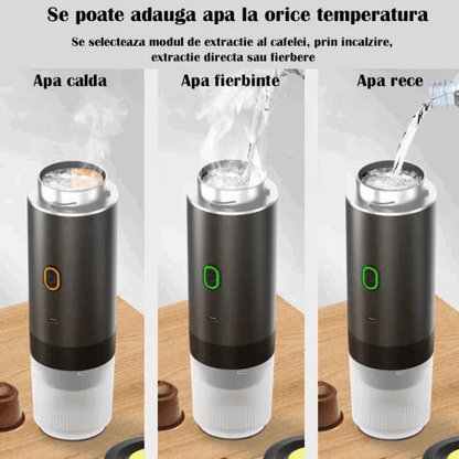 Espressor Electric Portabil, Aparat de Cafea cu Baterie, Compatibil Cafea Măcinată și Capsule Nespresso, Nescafé, Dolce Gusto, Încălzire Apă sau Cafea Rece, 72W, 2500 mAh, Încărcare USB-C
