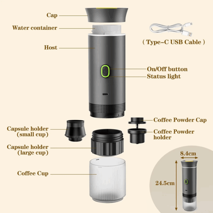 Espressor Electric Portabil, Aparat de Cafea cu Baterie, Compatibil Cafea Măcinată și Capsule Nespresso, Nescafé, Dolce Gusto, Încălzire Apă sau Cafea Rece, 72W, 2500 mAh, Încărcare USB-C