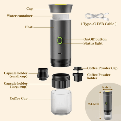 Espressor Electric Portabil, Aparat de Cafea cu Baterie, Compatibil Cafea Măcinată și Capsule Nespresso, Nescafé, Dolce Gusto, Încălzire Apă sau Cafea Rece, 72W, 2500 mAh, Încărcare USB-C