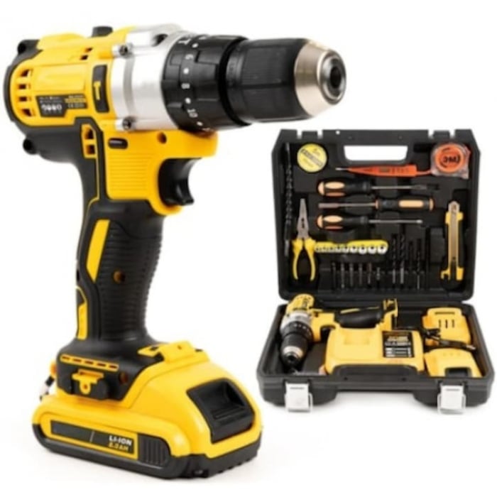 Bormasina de gaurit si insurubat cu acumulator, 7STAR ® cu percutie, autofiletanta, 30 accesorii, 2 acumulatori, 36V 8.0 Ah, 500W, statie incarcare, valiza transport, design modern, Galben/Negru [6]