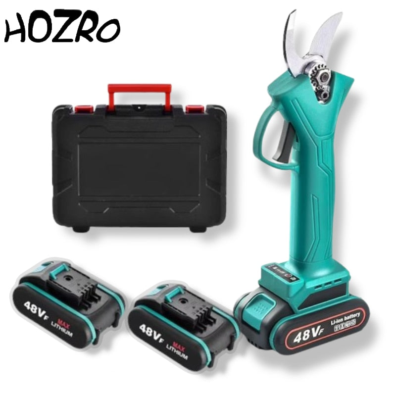 Foarfeca Electrica de Gradinarit HOZRO, 48V cu 2 Baterii Reincarcabile, 2 Lame din Otel Carbon, Set Complet cu Cheie, Imbus, Taiere Reglabila 15–30mm HOZRO