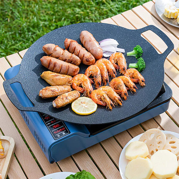 Plită Rotundă Coreeană HOZRO, pentru Grătar, Diametru 32 cm – Tigaie Grill din Fontă cu Canale de Scurgere, Ideală pentru Carne, Legume și BBQ în Stil Asiatic
