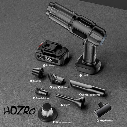 Aspirator Auto 6 in 1 Fara Fir STARTOP pentru Casa, Masina, Calculator, Birou, Putere 100W, Eficienta Mare, Functii de Aspirare, Suflare, Vidare, Filtru HEPA, Perie Detailing, Negru