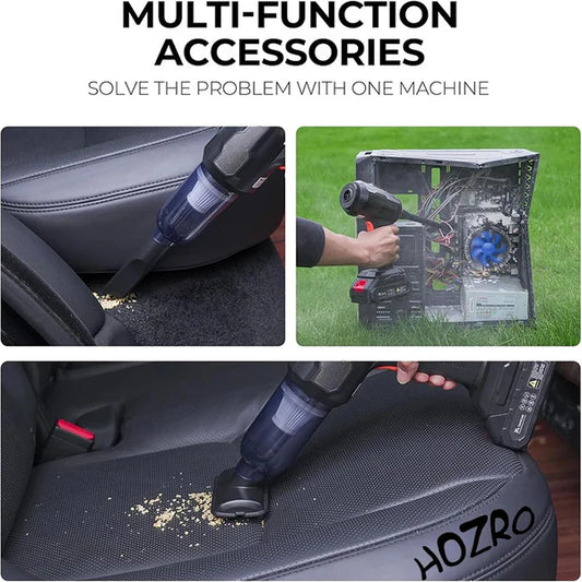 Aspirator Auto 6 in 1 Fara Fir HOZRO pentru Casa, Masina, Calculator, Birou, Putere 100W, Eficienta Mare, Functii de Aspirare, Suflare, Vidare, Filtru HEPA, Perie Detailing, Negru